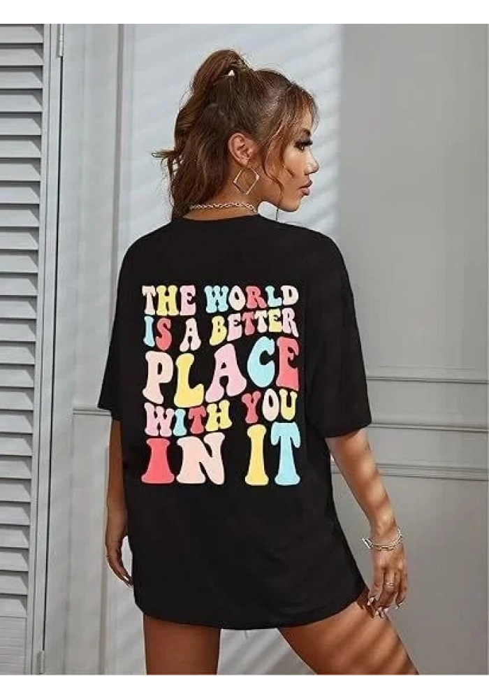 Kadın Baskılı T-Shirt Kısa Kol Bisiklet Yaka Oversize Rahat Kalıp Tişört - Siyah