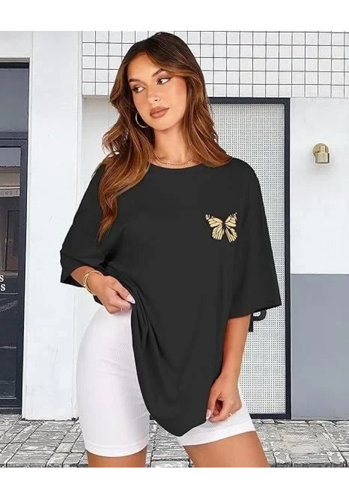 Kadın Baskılı T-Shirt Kısa Kol Bisiklet Yaka Oversize Rahat Kalıp Tişört - Siyah