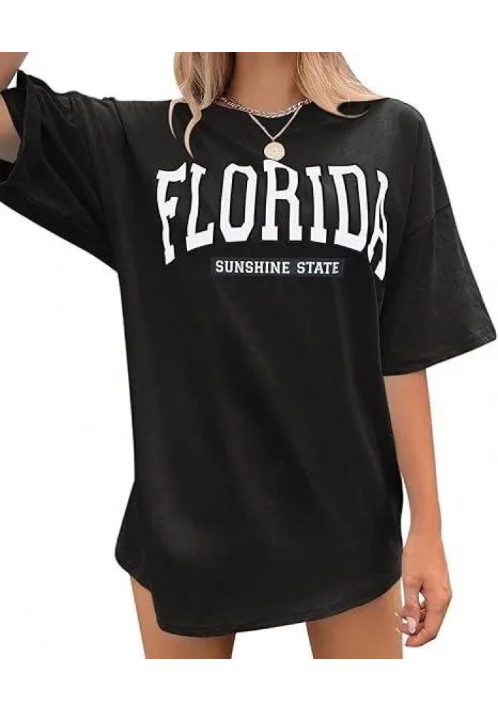 Kadın Kısa Kol Yazlık Tişört Bisiklet Yaka FLORIDA Baskılı T-Shirt - Siyah