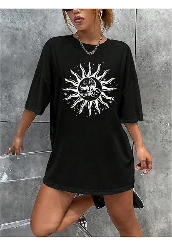 Kadın Baskılı T-Shirt Kısa Kol Bisiklet Yaka Regular Fit Rahat Kalıp Tişört - Siyah