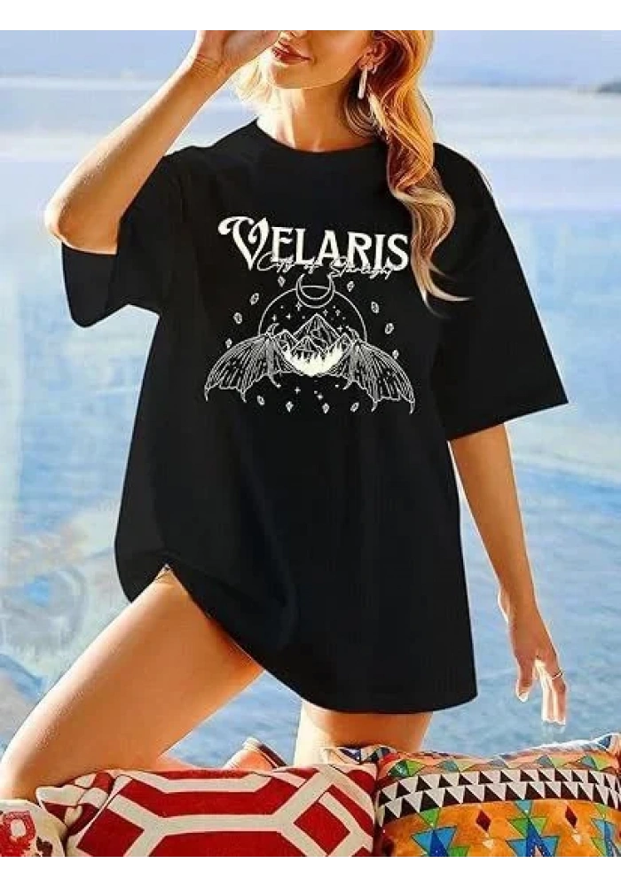 Kadın Bisiklet Yaka Baskılı T-shirt - Siyah