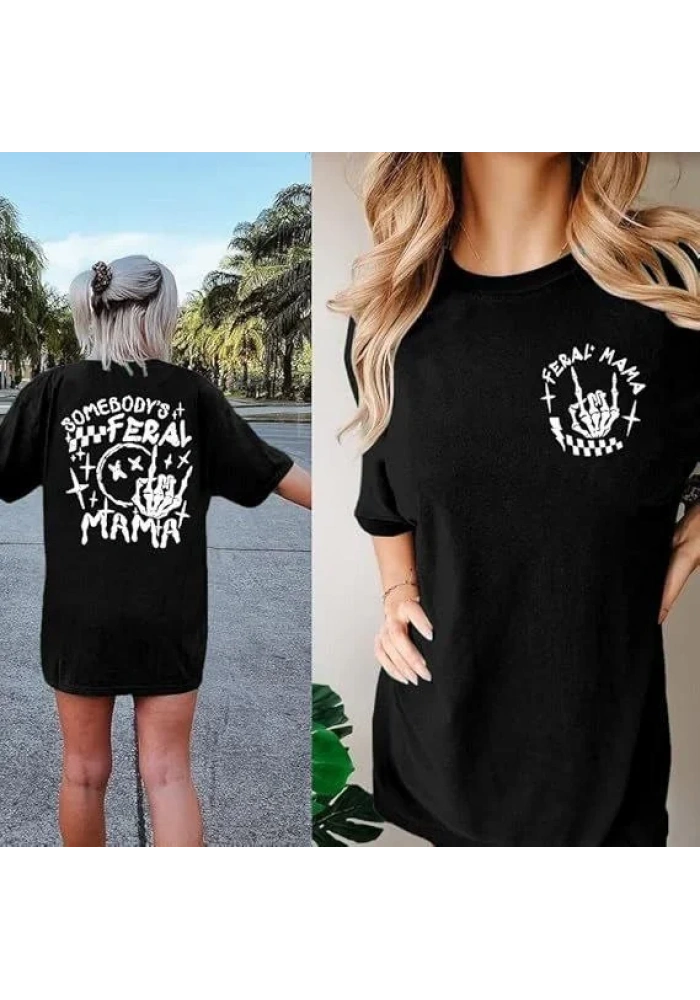 Kadın Bisiklet Yaka Baskılı T-shirt - Siyah