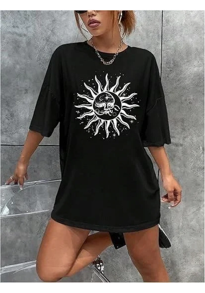 Kadın Bisiklet Yaka Baskılı T-shirt - Siyah