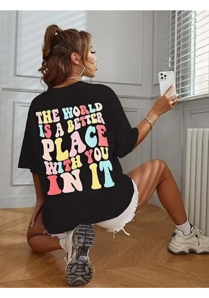 Kadın Baskılı T-Shirt Kısa Kol Bisiklet Yaka Oversize Rahat Kalıp Tişört - Siyah