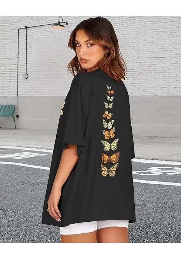 Kadın Baskılı T-Shirt Kısa Kol Bisiklet Yaka Oversize Rahat Kalıp Tişört - Siyah