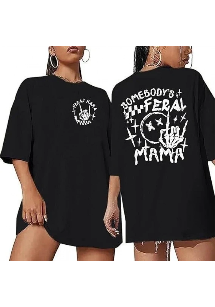 Kadın Baskılı T-Shirt Kısa Kol Bisiklet Yaka Oversize Rahat Kalıp Tişört - Siyah