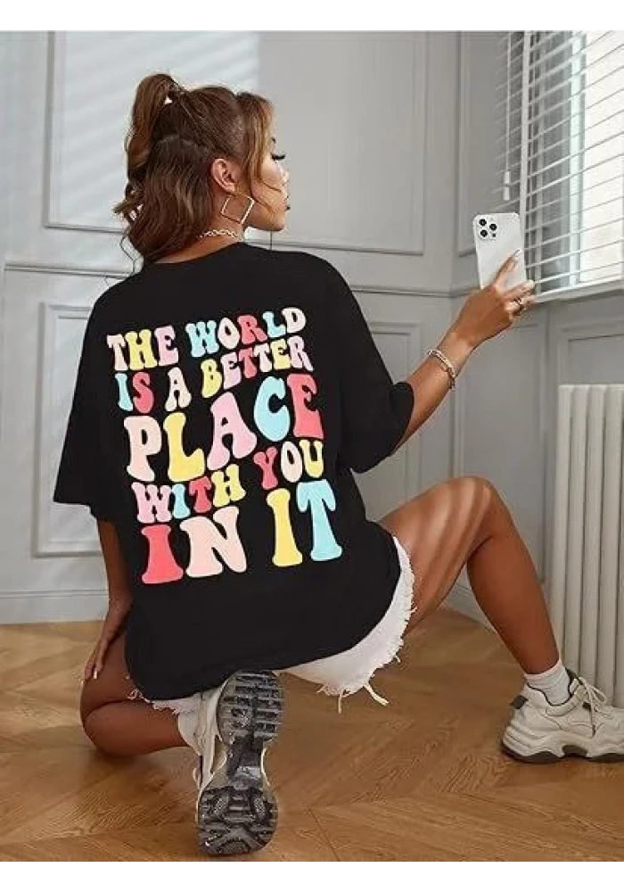 Kadın Bisiklet Yaka Baskılı T-shirt - Siyah