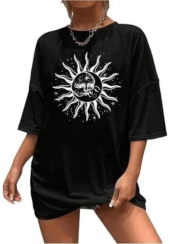 Kadın Bisiklet Yaka Baskılı T-shirt - Siyah