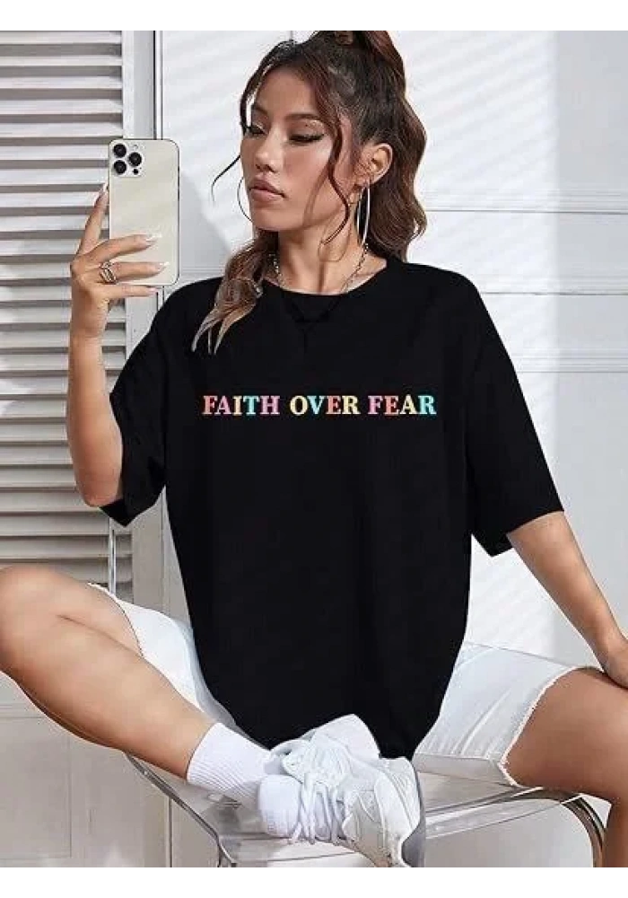 Kadın Bisiklet Yaka Baskılı T-shirt - Siyah