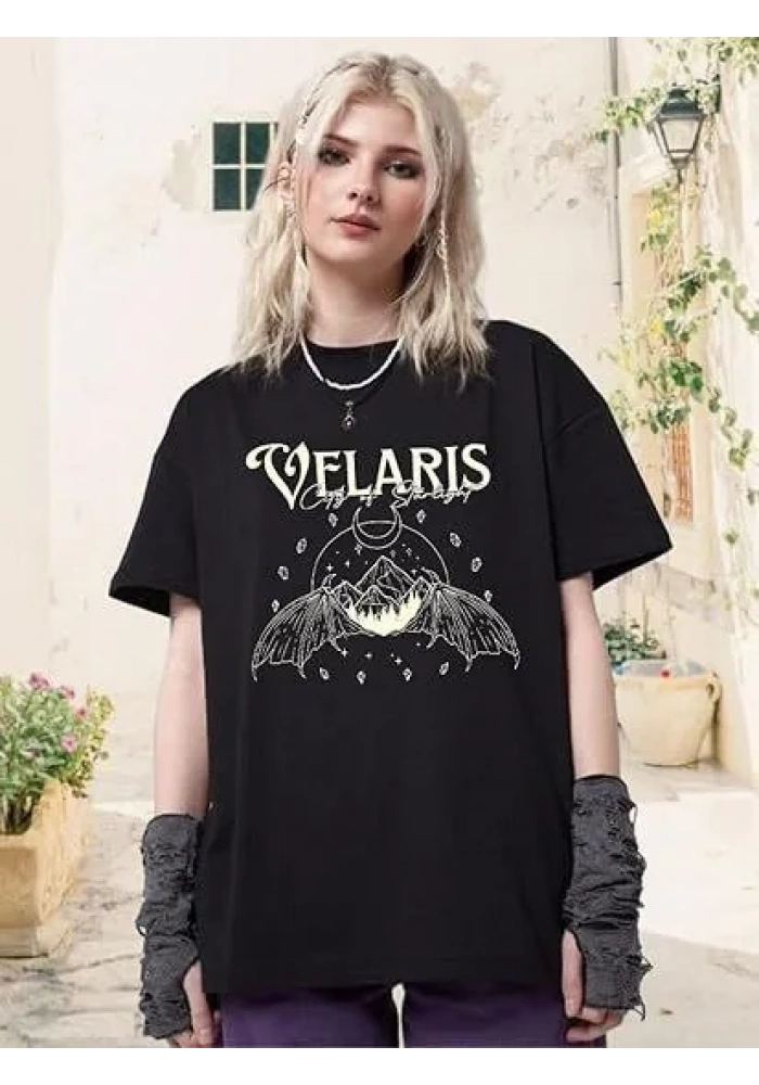 Kadın Bisiklet Yaka Baskılı T-shirt - Siyah