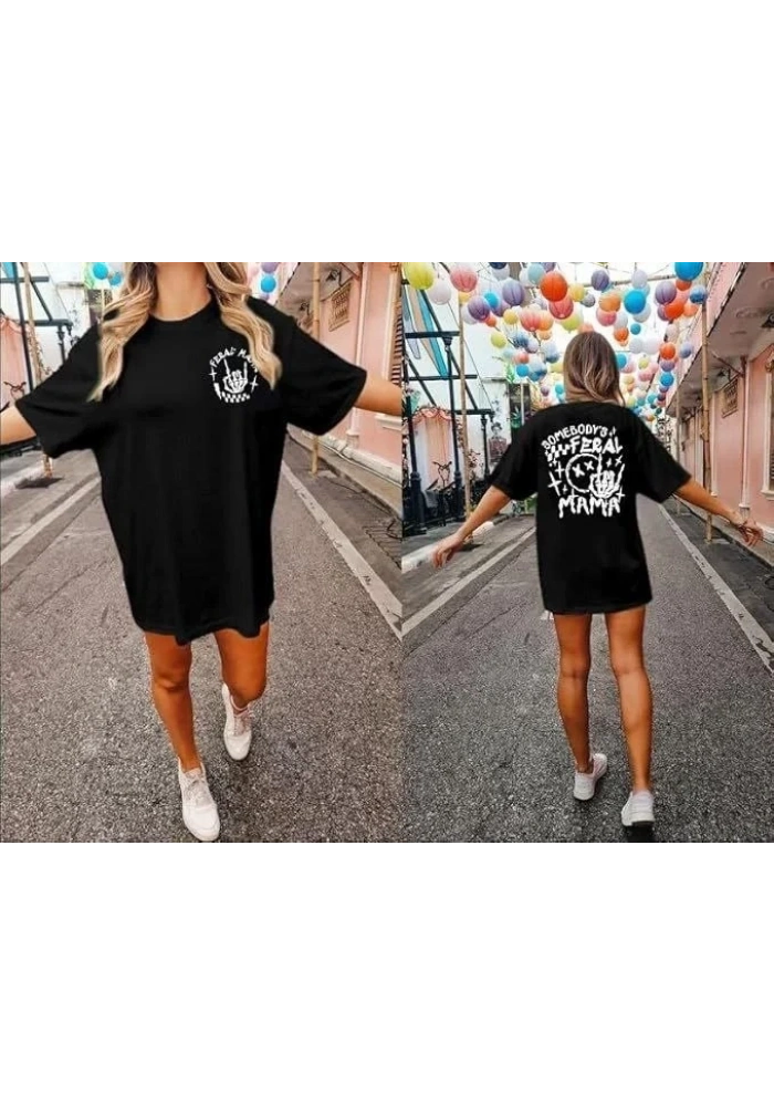 Kadın Baskılı T-Shirt Kısa Kol Bisiklet Yaka Oversize Rahat Kalıp Tişört - Siyah