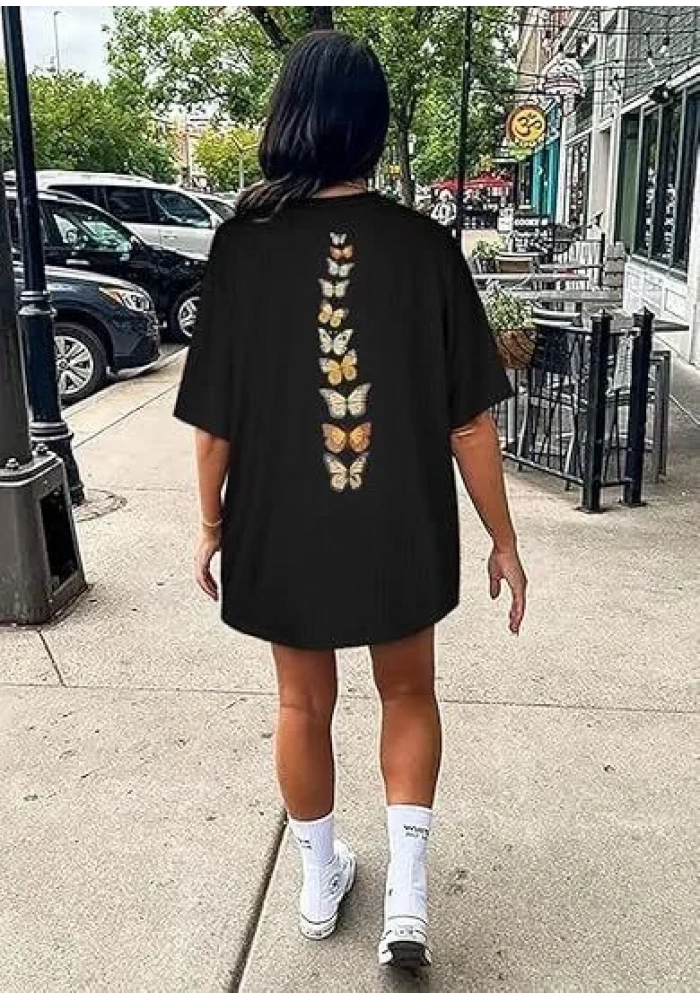 Kadın Bisiklet Yaka Baskılı T-shirt - Siyah