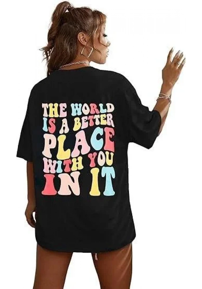 Kadın Bisiklet Yaka Baskılı T-shirt - Siyah