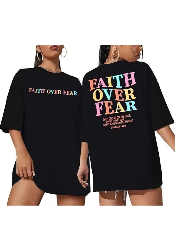 Kadın Baskılı T-Shirt Kısa Kol Bisiklet Yaka Oversize Rahat Kalıp Tişört - Siyah