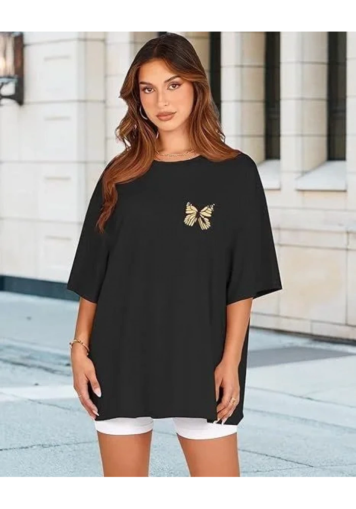 Kadın Bisiklet Yaka Baskılı T-shirt - Siyah