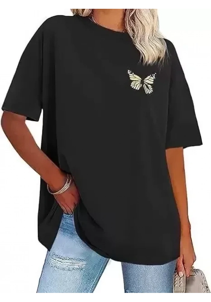 Kadın Baskılı T-Shirt Kısa Kol Bisiklet Yaka Oversize Rahat Kalıp Tişört - Siyah