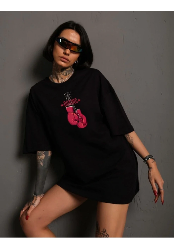 Kadın Kısa Kol Tişört Bisiklet Yaka Boxy Eldiven Baskılı T-Shirt - Siyah