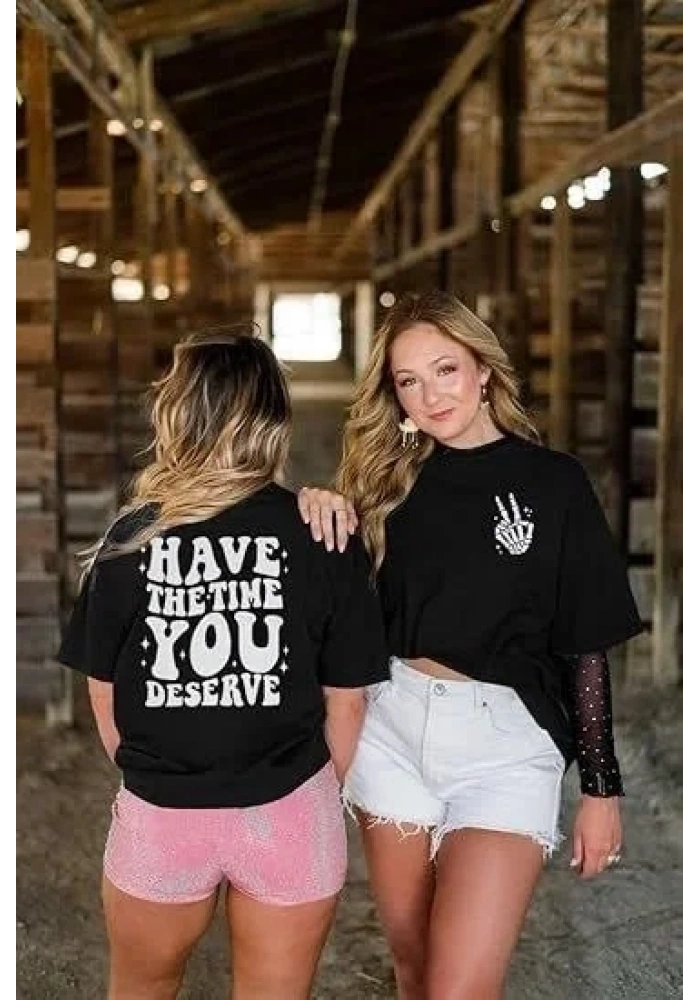 Kadın Baskılı T-Shirt Kısa Kol Bisiklet Yaka Oversize Rahat Kalıp Tişört - Siyah