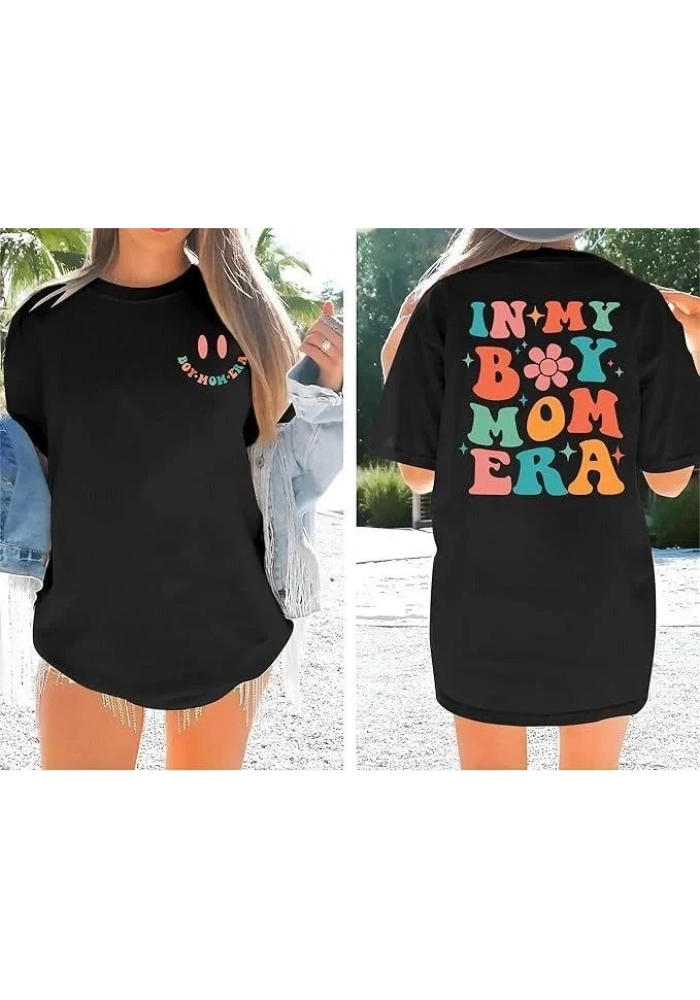Kadın Baskılı T-Shirt Kısa Kol Bisiklet Yaka Oversize Rahat Kalıp Tişört - Siyah