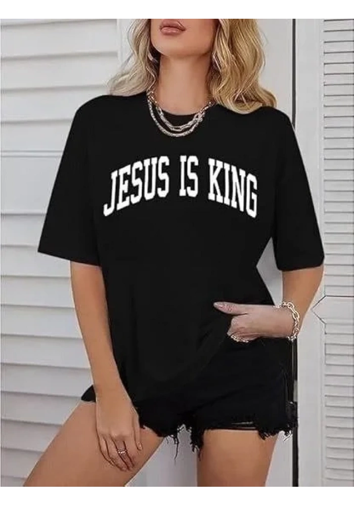 Kadın Baskılı T-Shirt Kısa Kol Bisiklet Yaka Oversize Rahat Kalıp Tişört - Siyah