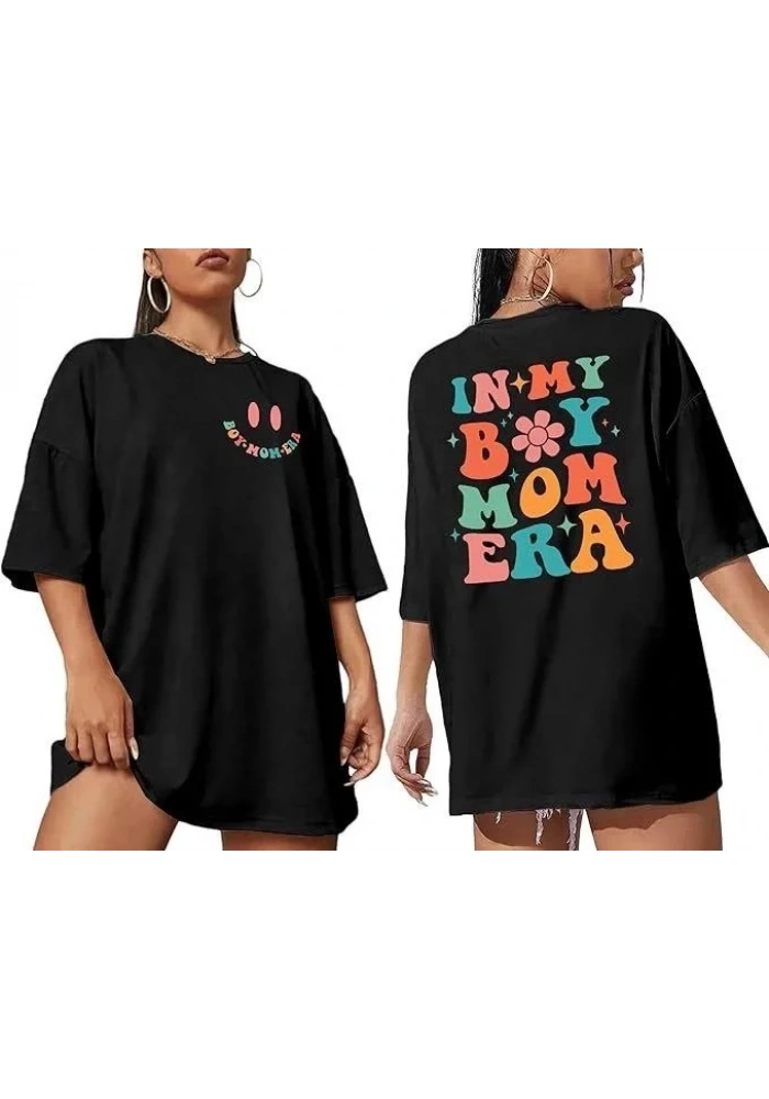 Kadın Baskılı T-Shirt Kısa Kol Bisiklet Yaka Oversize Rahat Kalıp Tişört - Siyah