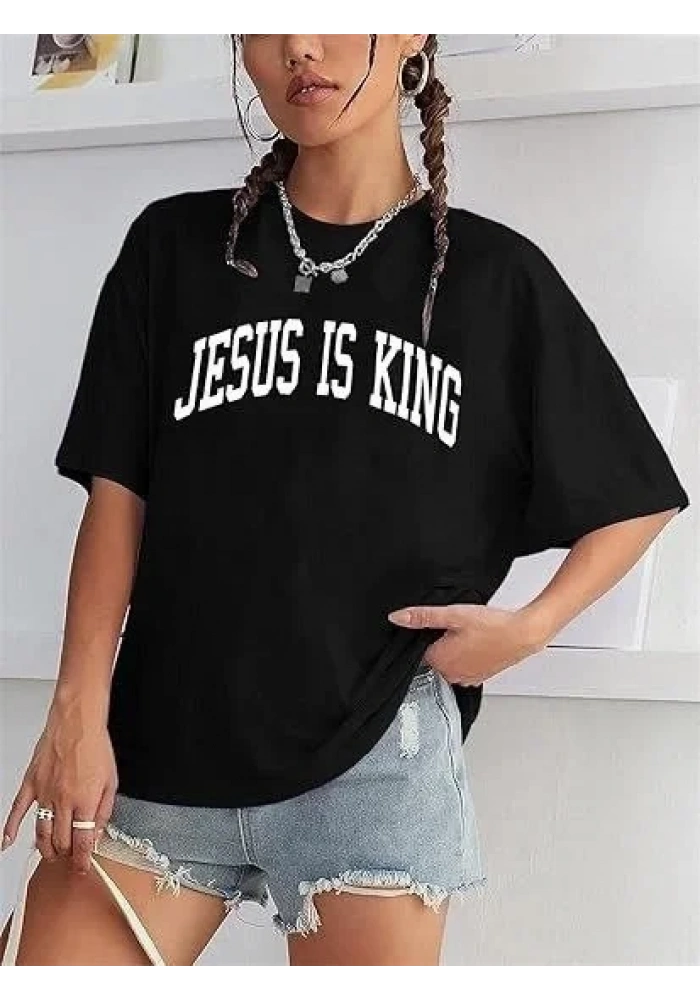 Kadın Baskılı T-Shirt Kısa Kol Bisiklet Yaka Oversize Rahat Kalıp Tişört - Siyah