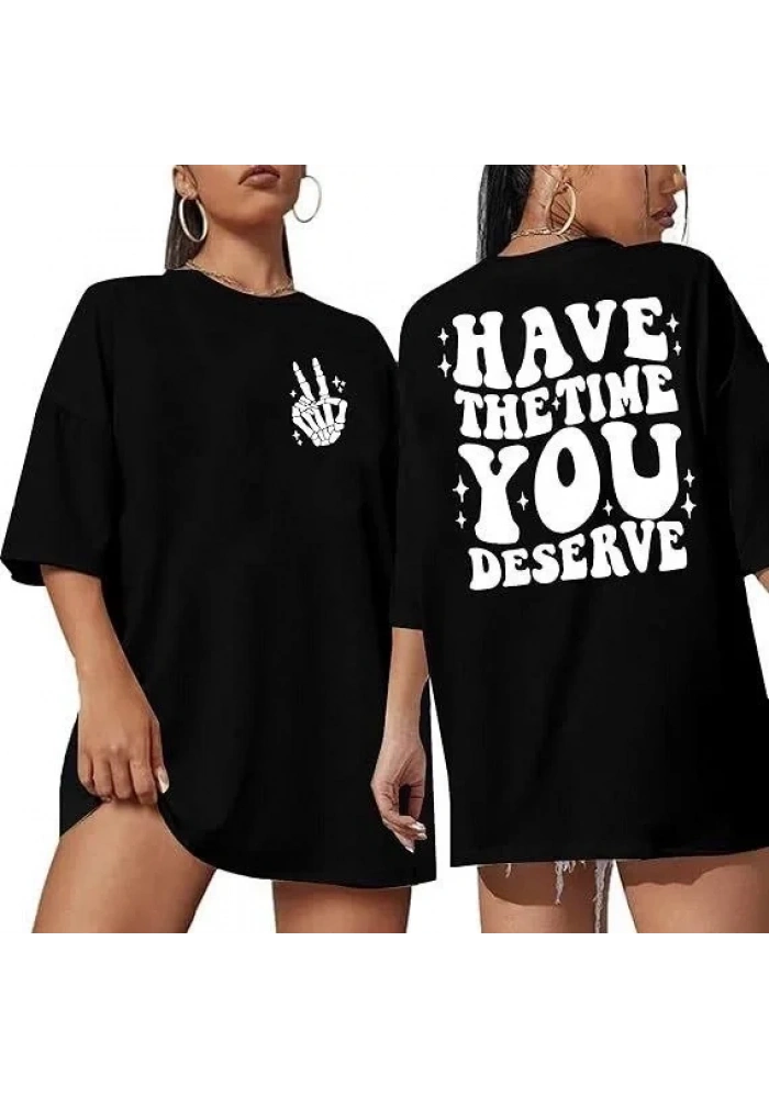 Kadın Baskılı T-Shirt Kısa Kol Bisiklet Yaka Oversize Rahat Kalıp Tişört - Siyah