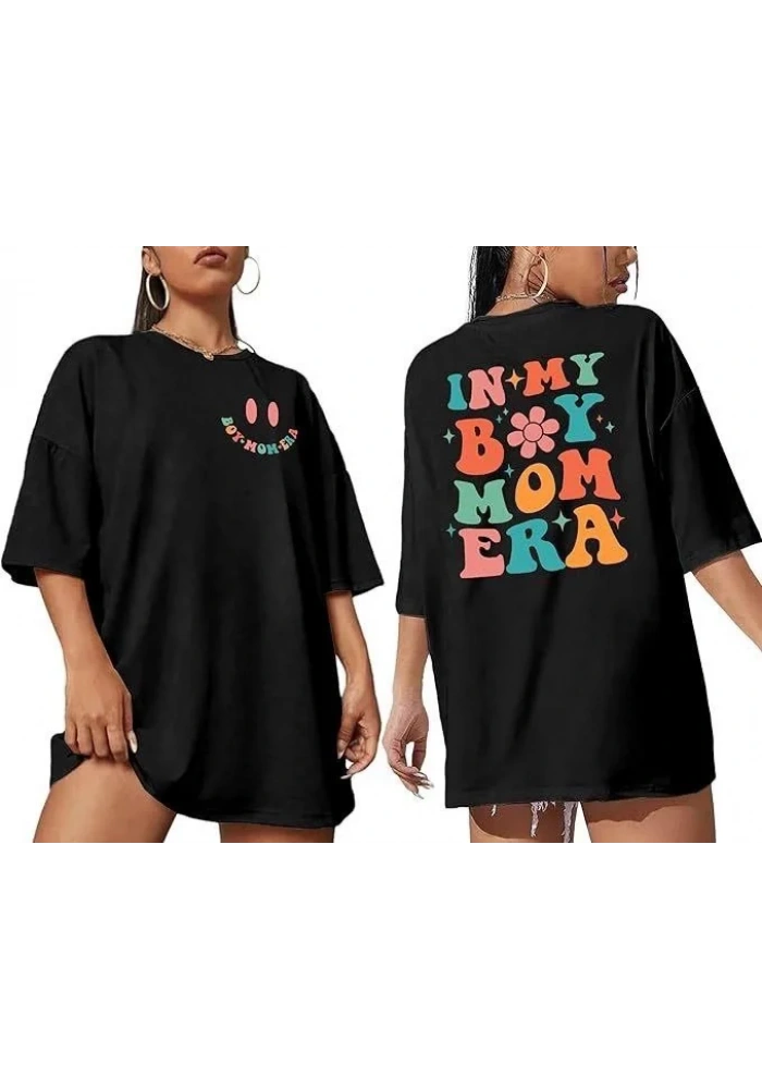 Kadın Bisiklet Yaka Kısa Kol Baskılı T-shirt - Siyah