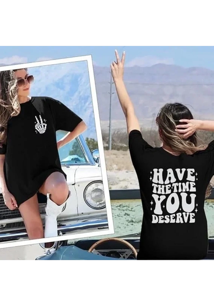 Kadın Baskılı T-Shirt Kısa Kol Bisiklet Yaka Oversize Rahat Kalıp Tişört - Siyah