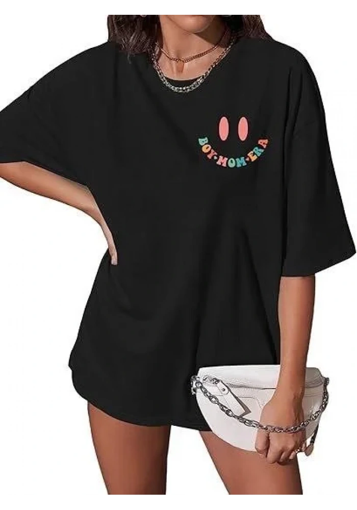 Kadın Bisiklet Yaka Kısa Kol Baskılı T-shirt - Siyah