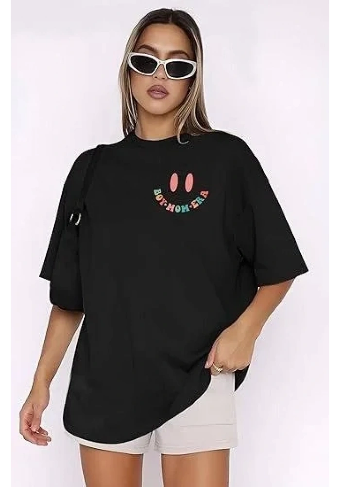 Kadın Baskılı T-Shirt Kısa Kol Bisiklet Yaka Oversize Rahat Kalıp Tişört - Siyah