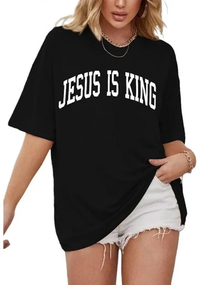 Kadın Baskılı T-Shirt Kısa Kol Bisiklet Yaka Oversize Rahat Kalıp Tişört - Siyah