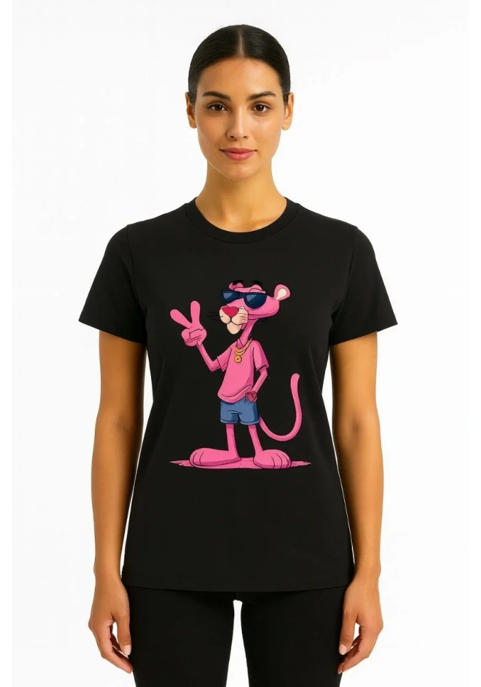 Kadın Bisiklet Yaka Kısa Kollu Baskılı T-shirt - Siyah