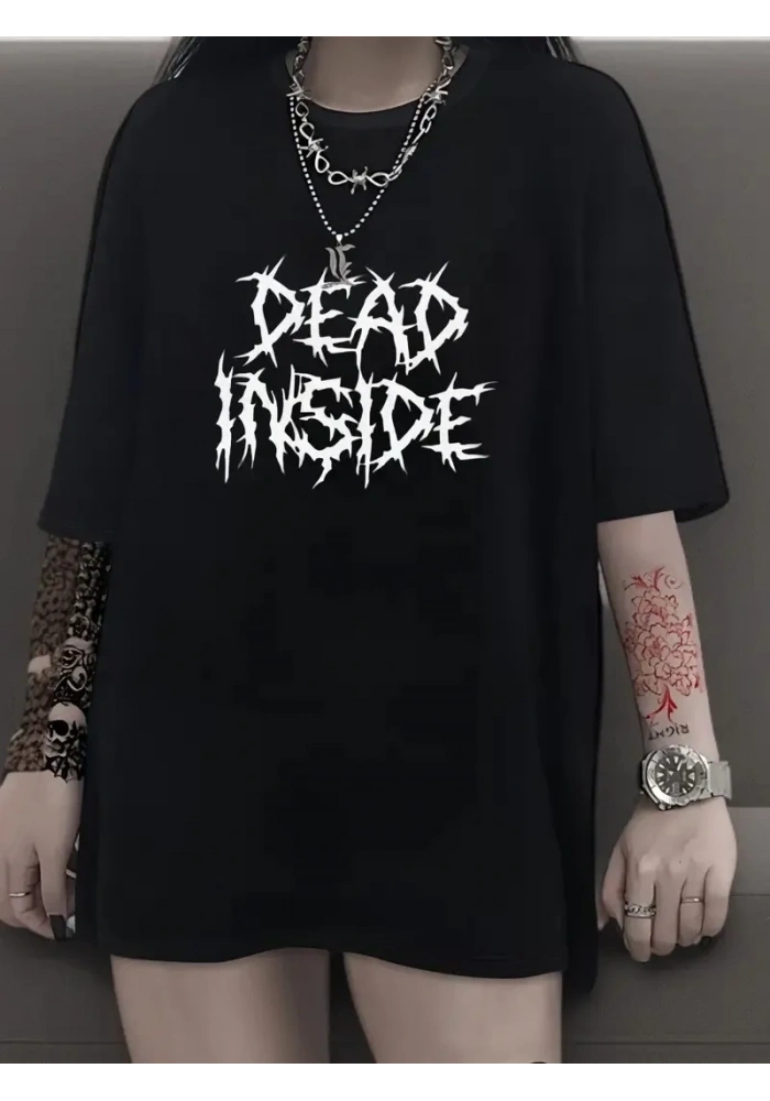 Kadın T-shirt Bisiklet Yaka Oversize Kısa Kollu Tişört - Siyah