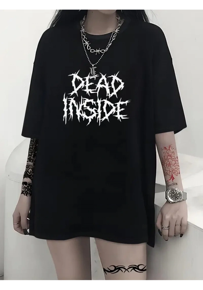 Kadın T-shirt Bisiklet Yaka Oversize Kısa Kollu Tişört - Siyah