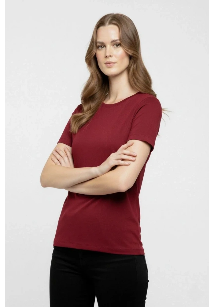 Kadın T-Shirt Bisiklet Yaka Slim Fit Likralı Tişört Yazlık Basic Body - Bordo