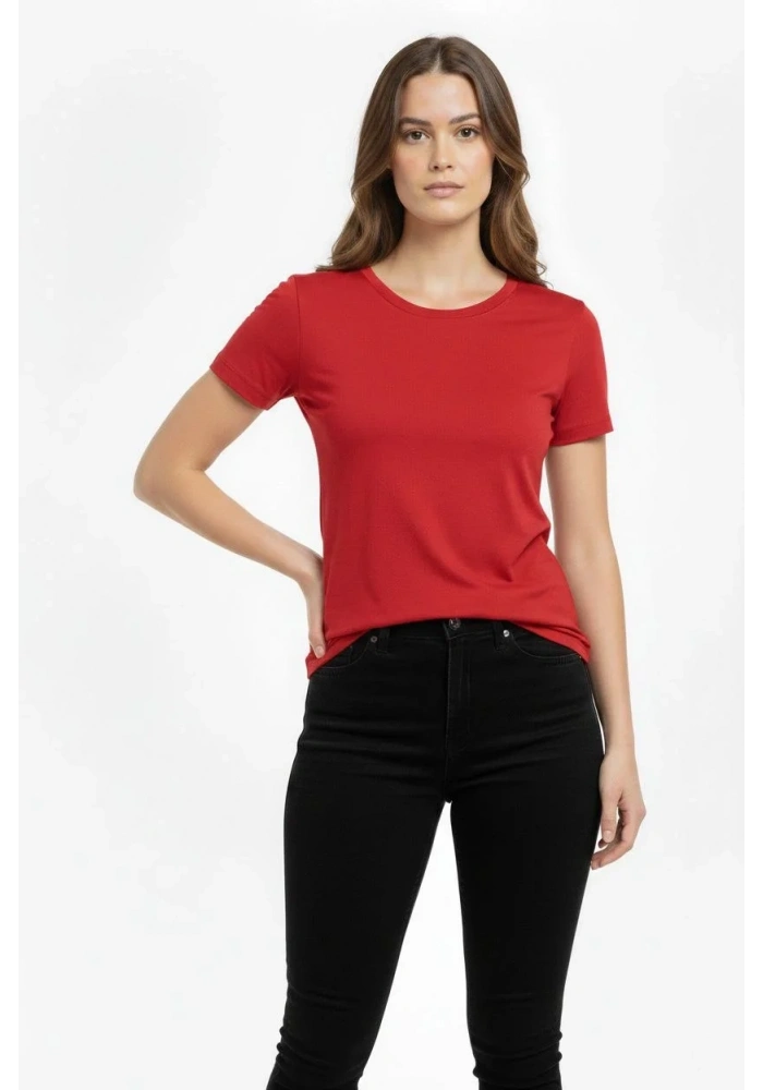 Kadın Bisiklet Yaka Slim Fit Likralı Tişört - Kırmızı