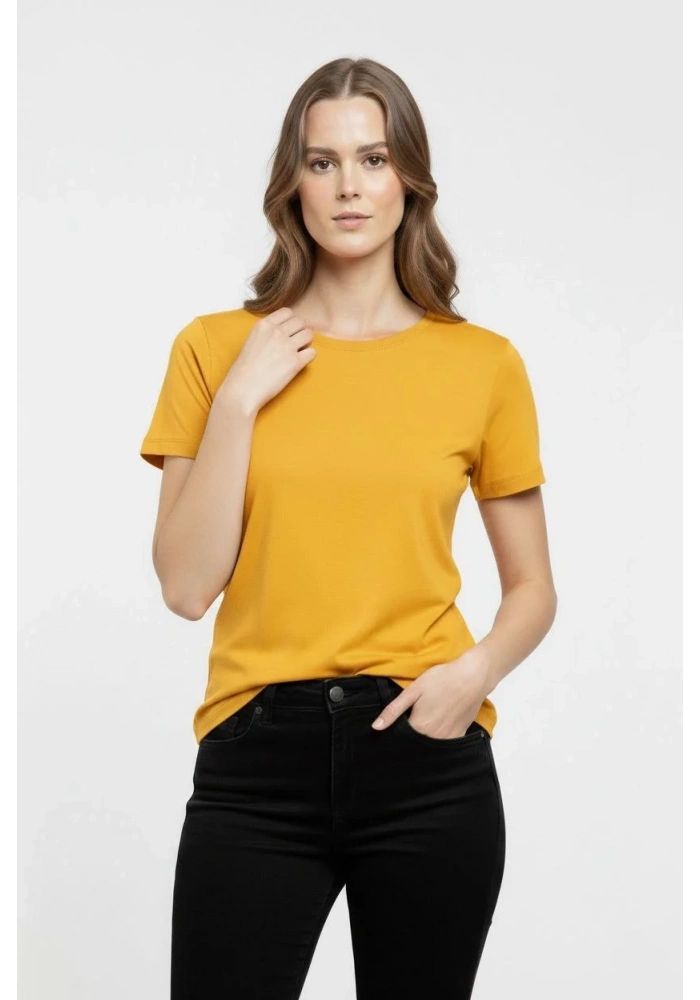 Kadın T-Shirt Bisiklet Yaka Slim Fit Likralı Tişört Yazlık Basic Body - Sarı