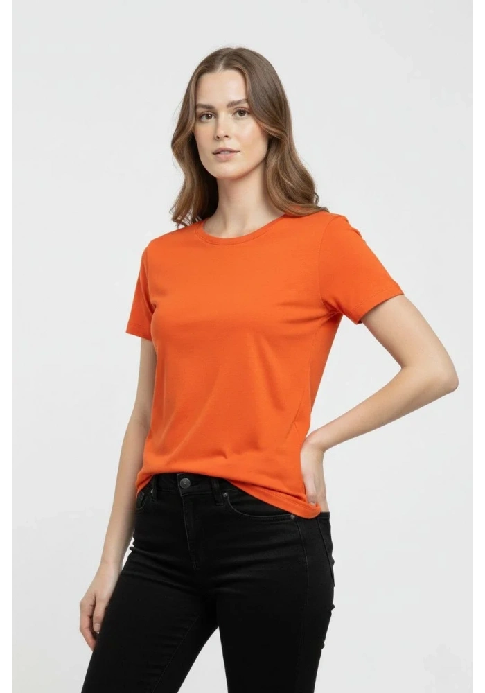 Kadın T-Shirt Bisiklet Yaka Slim Fit Likralı Tişört Yazlık Basic Body - Turuncu