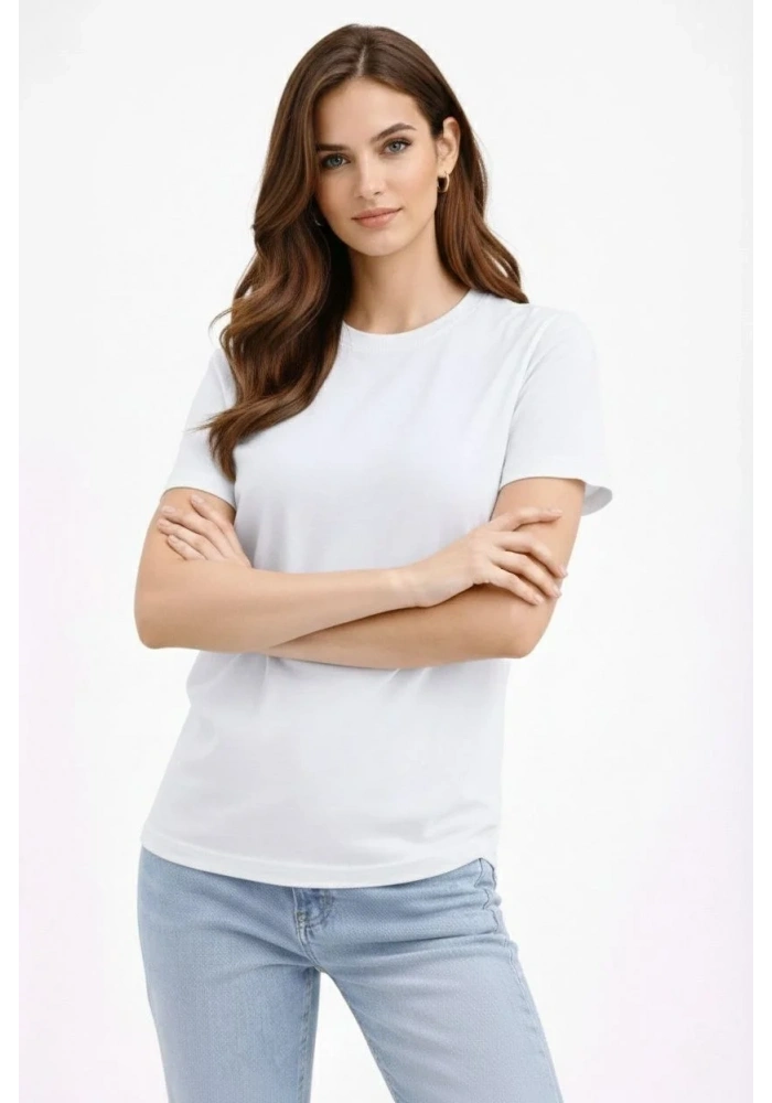 Kadın Bisiklet Yaka Yazlık Kısa kol Düz Tişört Regular Kalıp T-shirt - Beyaz