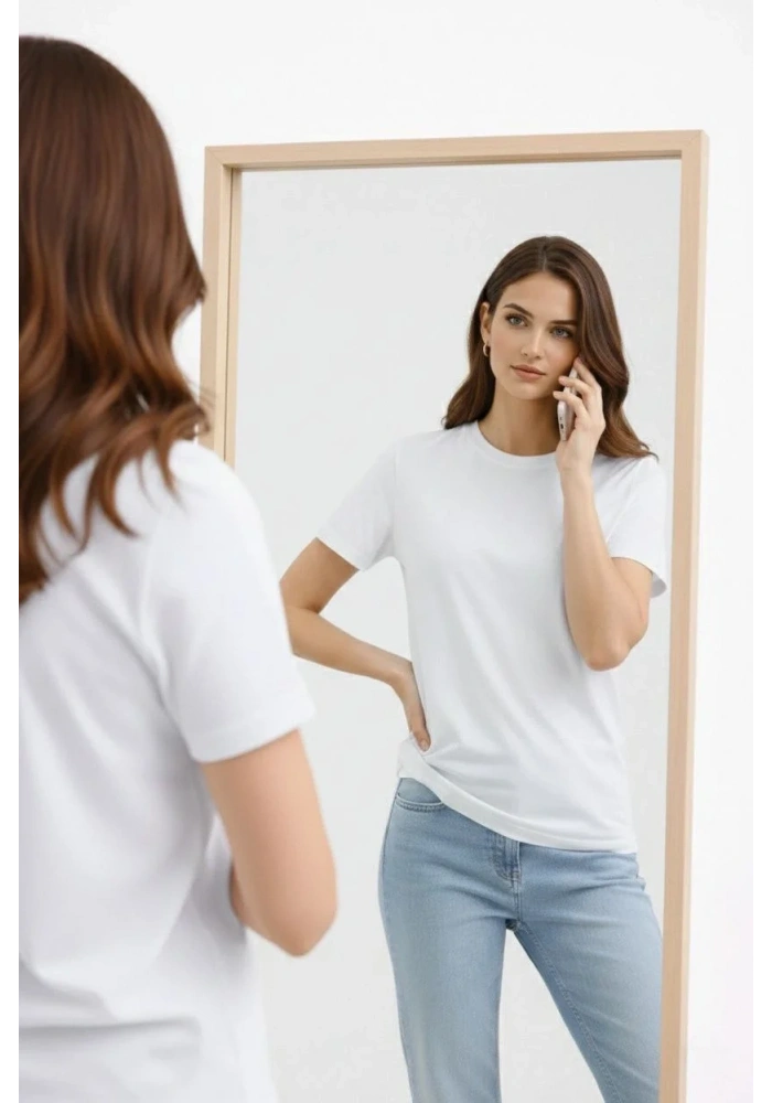 Kadın Bisiklet Yaka Tişört Regular Kalıp Basic Pamuklu Günlük Kullanım T-shirt - Beyaz