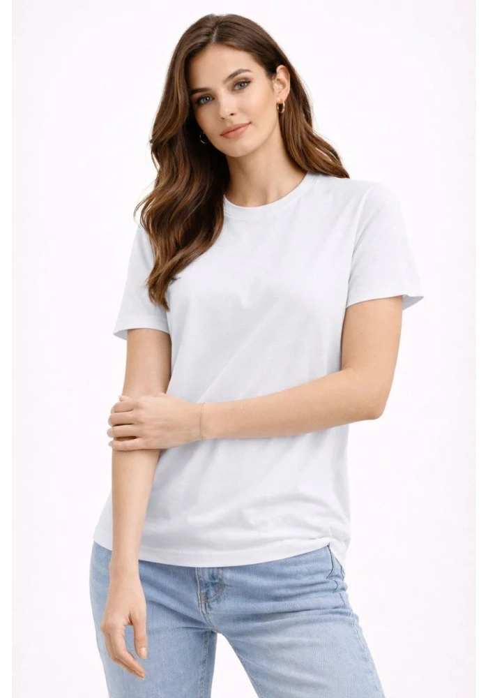 Kadın Bisiklet Yaka Yazlık Kısa kol Düz Tişört Regular Kalıp T-shirt - Beyaz