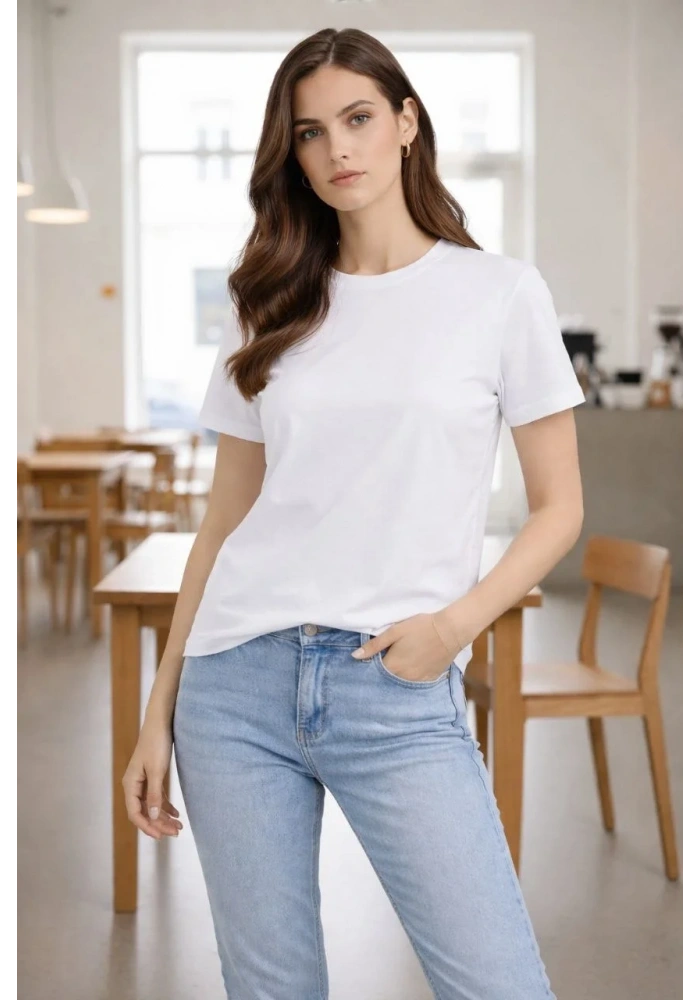 Kadın Bisiklet Yaka Tişört Regular Kalıp Basic Pamuklu Günlük Kullanım T-shirt - Beyaz