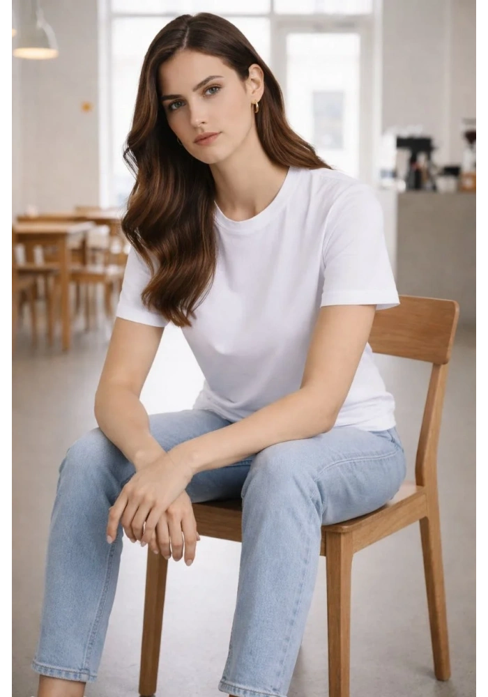 Kadın Bisiklet Yaka Tişört Regular Kalıp Basic Pamuklu Günlük Kullanım T-shirt - Beyaz