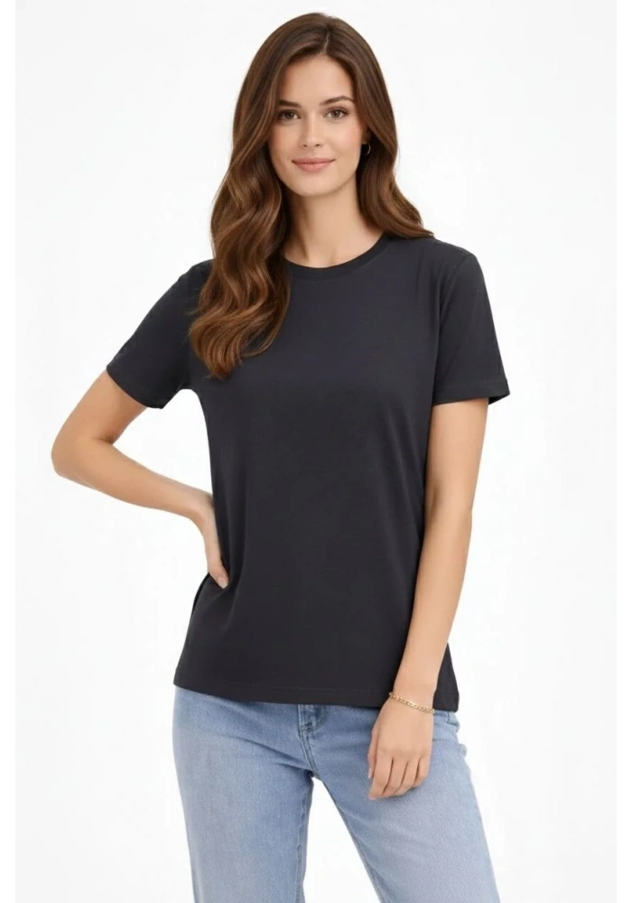 Kadın Bisiklet Yaka Yazlık Kısa kol Düz Tişört Regular Kalıp T-shirt - Füme