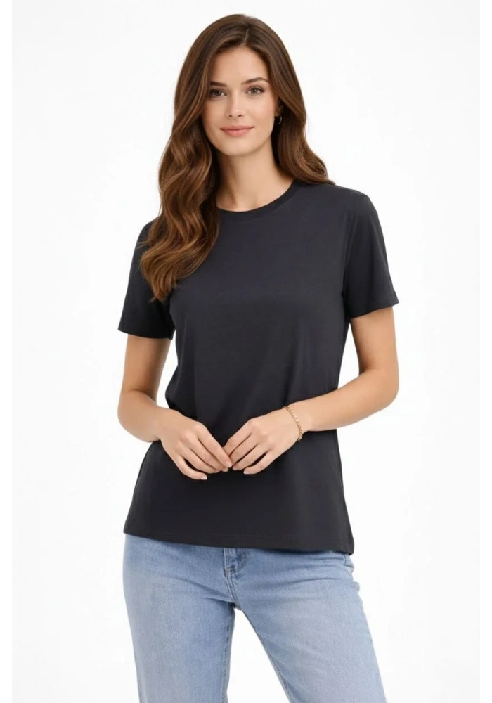 Kadın Bisiklet Yaka Yazlık Kısa kol Düz Tişört Regular Kalıp T-shirt - Füme