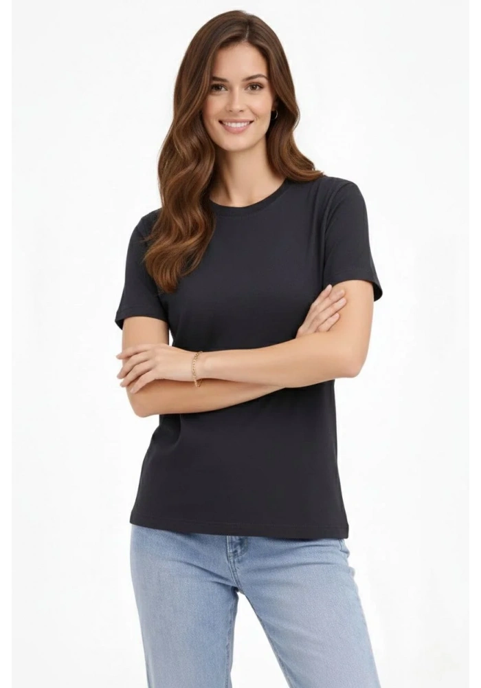 Kadın Bisiklet Yaka Tişört Regular Kalıp Basic Pamuklu Günlük Kullanım T-shirt - Füme