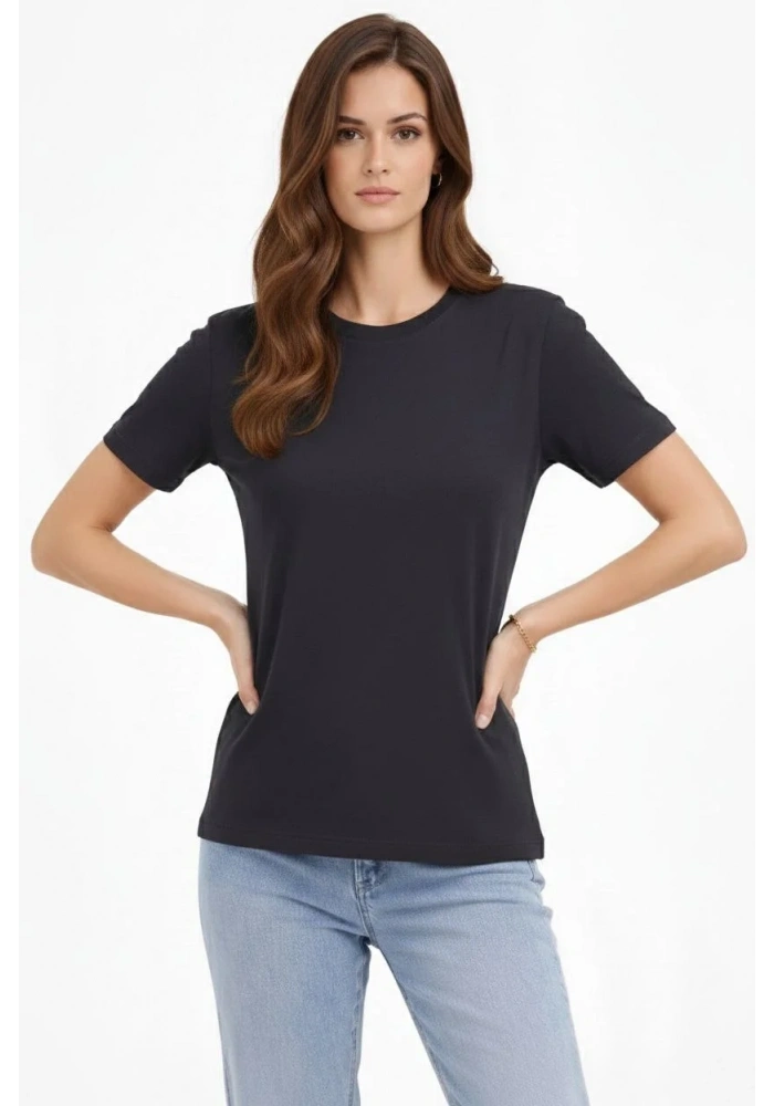 Kadın Bisiklet Yaka Yazlık Kısa kol Düz Tişört Regular Kalıp T-shirt - Füme