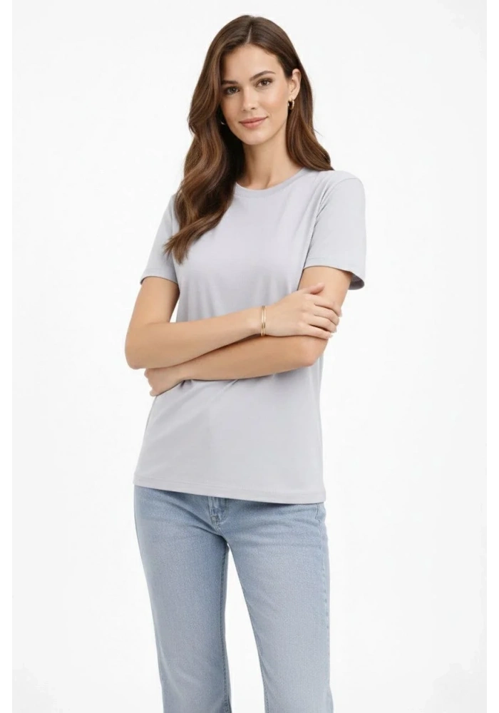 Kadın Bisiklet Yaka Tişört  Regular Kalıp Basic Pamuklu  Günlük Kullanım  T-shirt - Gri