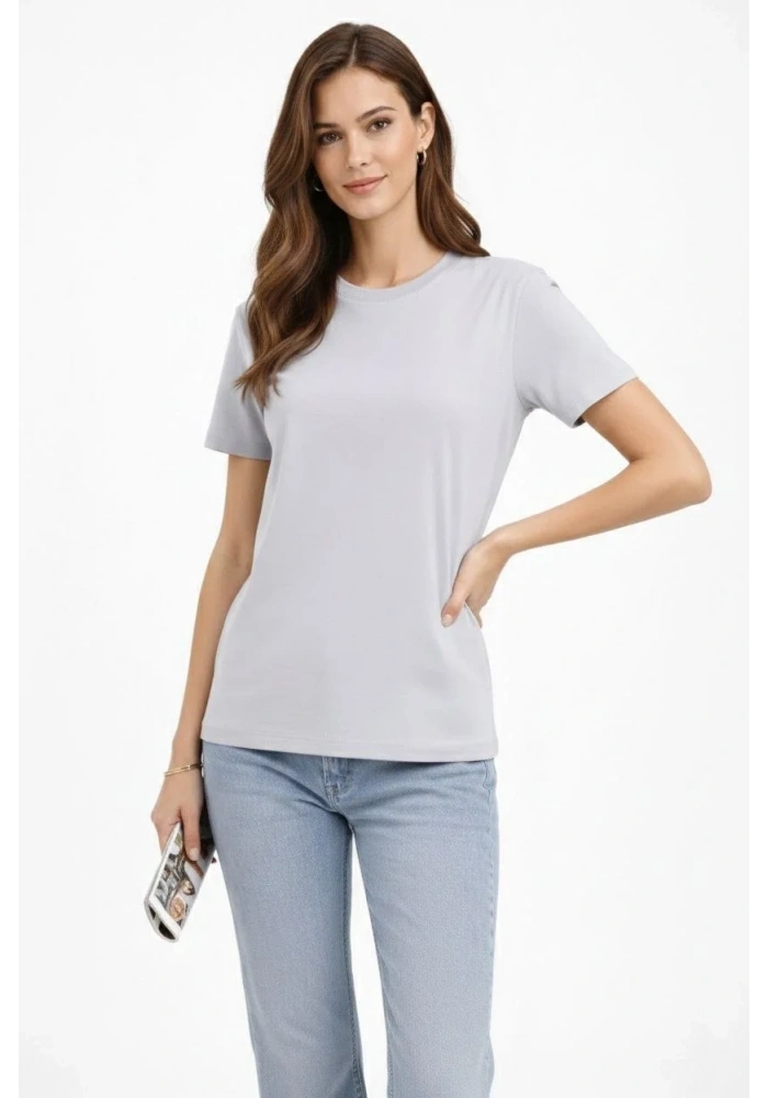 Kadın Bisiklet Yaka Tişört  Regular Kalıp Basic Pamuklu  Günlük Kullanım  T-shirt - Gri